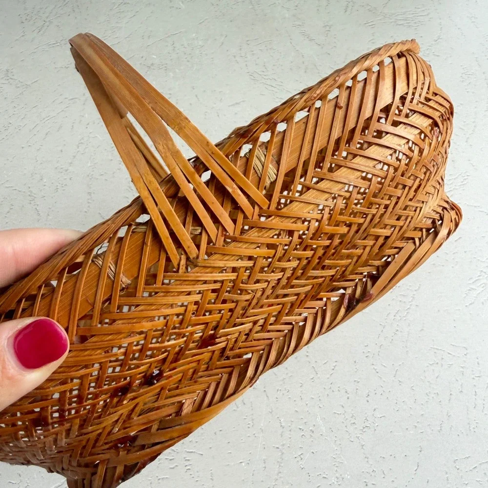 Vintage Woven Bamboo Basket Oval Lattice Boho Decor